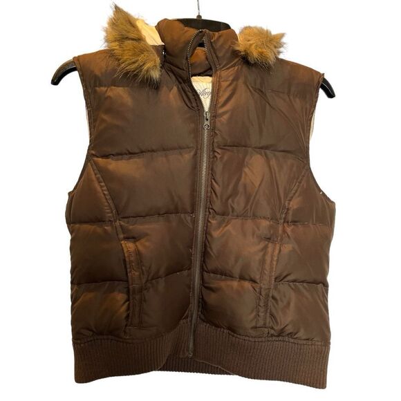 Aeropostale Women's Hooded Down Vest Brown with Fur Trimmed Hood Size XL - Picture 1 of 10